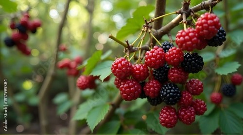 Cluster Of Ripe Red Raspberries And Blackberries On A Wild Berry Bush In Soft Sunlight