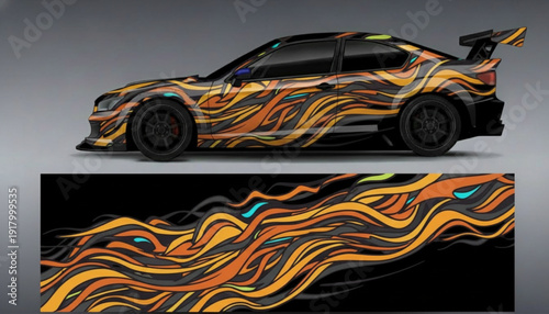 Customized black sports car with a dynamic orange and black abstract wavy decal design.