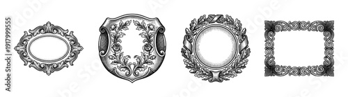 Collection of ornate vintage frames and heraldic shields featuring baroque scrolls, floral motifs, and oak leaf wreaths in a detailed woodcut engraving style.