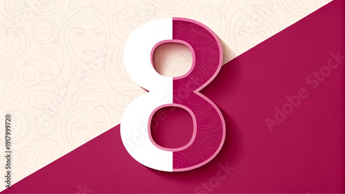 A stylized number eight, vertically split into white and magenta halves, centered against a diagonally divided background featuring a light textured area and a darker magenta area.