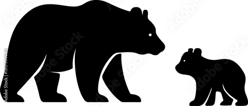 Mother Grizzly Bear and Cub Silhouette Vector Illustration Isolated on White Background