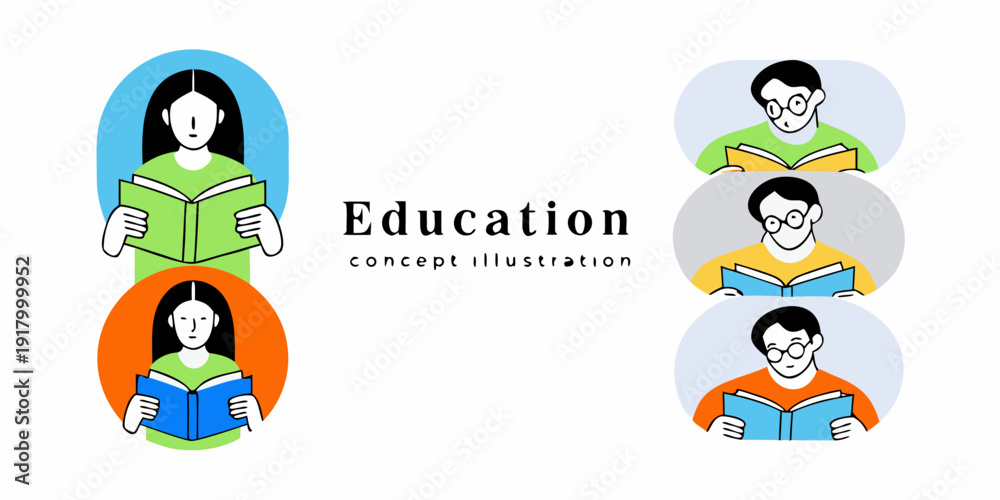 Fototapeta premium Illustration depicting diverse people reading books representing education concepts