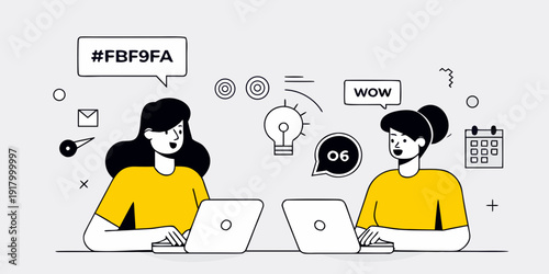 Two women collaborating on laptops with creative elements surrounding them