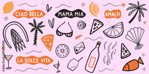 Italian themed doodles featuring citrus palm trees and seaside elements