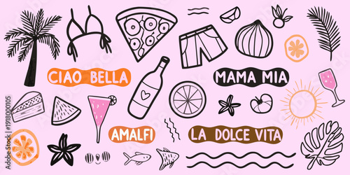 Colorful doodle illustration featuring italian themed objects and summer motifs