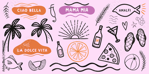 Italian summer themed doodle illustration with text and playful elements