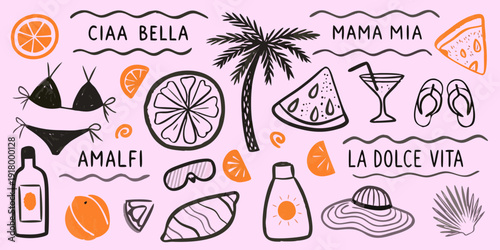 Italian summer vibes doodles of citrus beach items and text