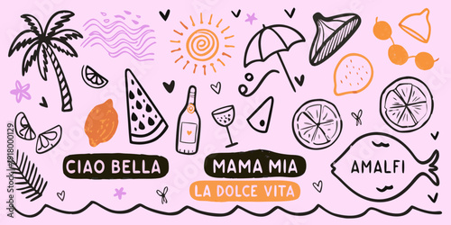 Colorful doodle illustration depicting summer vacation and italian seaside themes