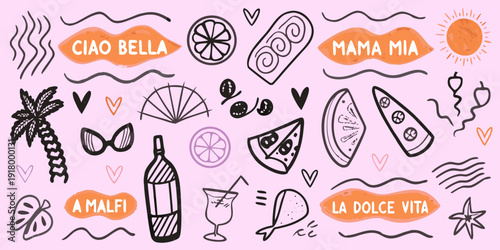 Italian themed doodles with text including ciao bella and mama mia