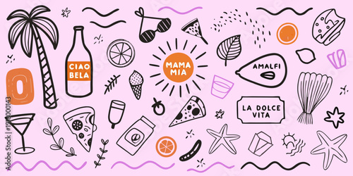 Italian themed doodles featuring food plants and playful text elements