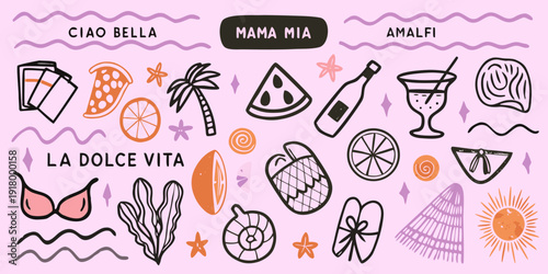 Italian summer themed doodles with citrus cocktails and coastal elements