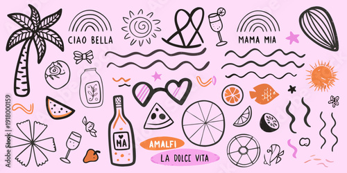 Playful summer doodles featuring italian phrases and tropical elements