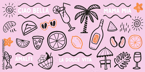 Italian summer themed doodles with citrus drinks and coastal elements