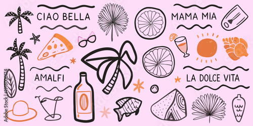 Italian themed doodles including citrus palm leaves and text on pink