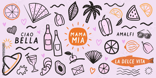 Colorful hand drawn illustration of summer fruits drinks and italian phrases