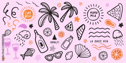 Italian themed doodle set with food plants and coastal elements