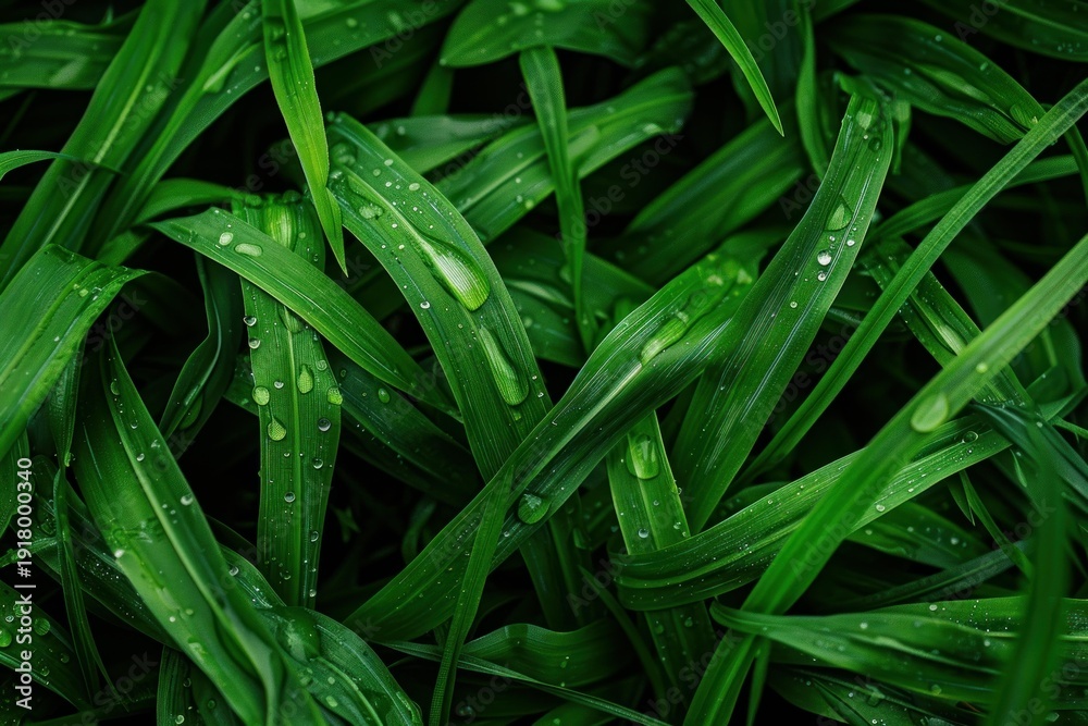 Obraz premium Vibrant green grass blades glistening with fresh water drops create a captivating close up of nature's beauty