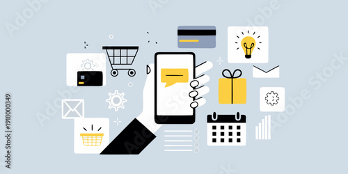 Digital business concepts smartphone surrounded by icons representing online activity