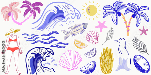 Colorful summer illustration featuring tropical elements and ocean scenes