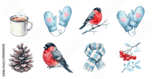 Winter Watercolor Sticker Set with Bullfinch and Cocoa