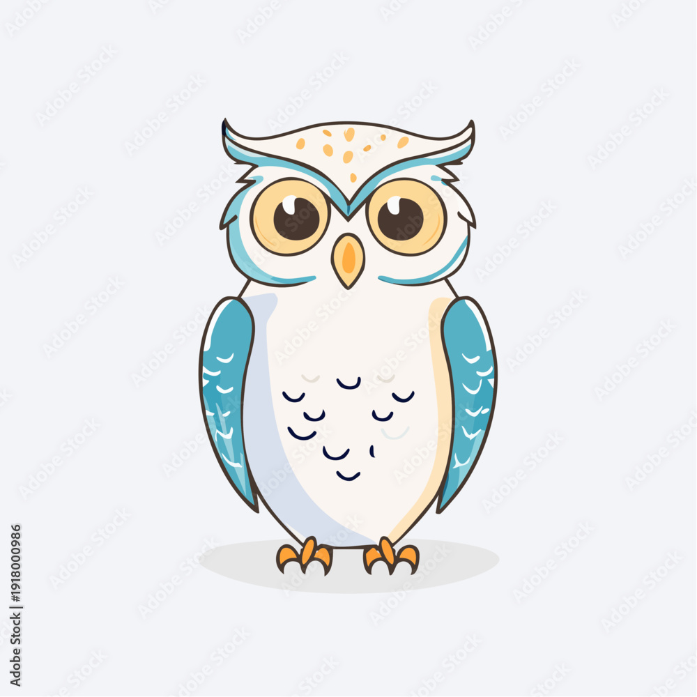 Obraz premium A cartoon owl with large eyes and blue wings standing on a white background from a front viewpoint