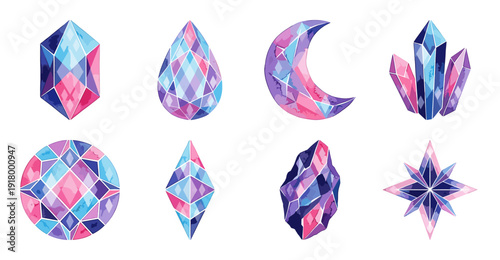 Watercolor Crystal Gemstones Collection, Vector Magic Jewelry Illustration
