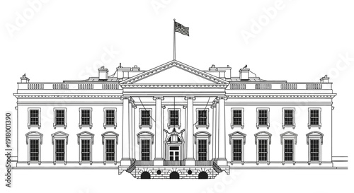 The White House front facade illustration with columns and flag.