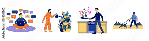 Flat Vector Lifestyle and Daily Routine Character Element Kit for Modern Productivity Content
