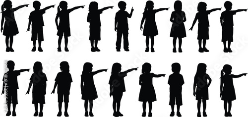 Children silhouettes pointing in different directions, boys and girls standing poses in black vector collection isolated on white background
