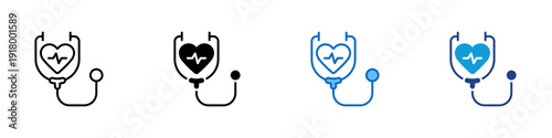 Heart Check Multiple Style Icon Design Vector - Heart with stethoscope representing cardiac monitoring, medical examination, and health assessment