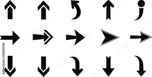 Directional arrow icons set featuring up, right, and down pointers in bold black vector style isolated on white background