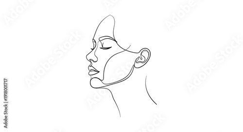 A tranquil continuous line art portrait showing a woman's profile with closed eyes and an exposed ear.