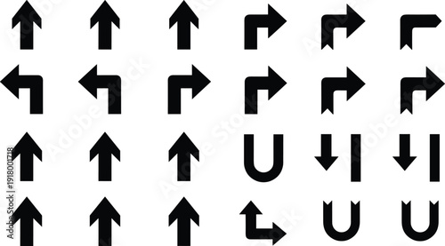 Directional arrow icons set featuring up, left, right turns, U-turn symbols, and navigation pointers in bold black vector style