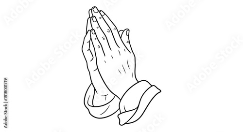 A respectful line art illustration of two hands pressed together in a prayer gesture.