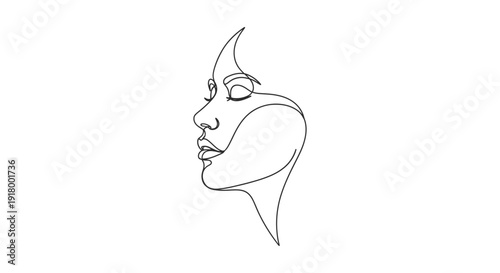 A serene continuous line art drawing of a woman's profile with closed eyes and delicate features.