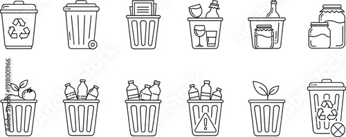 Recycling and waste bin icons collection featuring trash sorting, glass bottles, organic waste, and eco symbols in outline vector style
