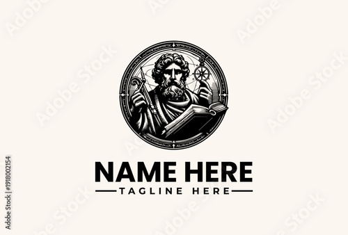 A detailed illustration of a man in a circular logo with a placeholder name and tagline on a beige background.