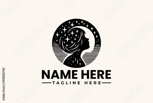 A black and white vector illustration of a woman's profile in a circular logo with stars and stripes, accompanied by placeholder text for a name and tagline on a plain background.