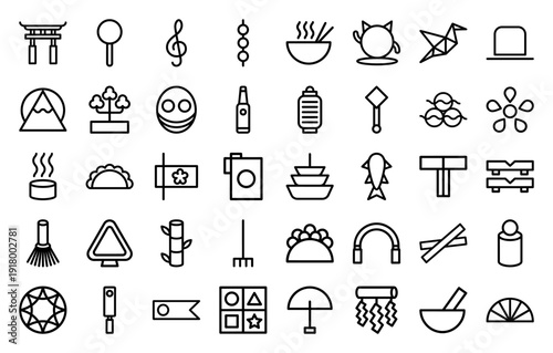 Japanese culture line icon set featuring vector pictograms of torii gate, bonsai tree, sushi, origami crane, ramen bowl, sake bottle, and fan in a thick outline style.