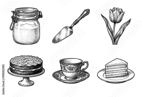 Vintage engraving collection of bakery and tea time elements featuring cake, teacup, floral tulip, and kitchen utensils in a woodcut style.