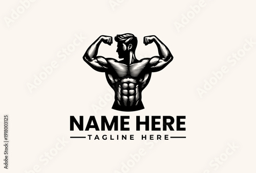 A muscular man flexing his arms in a black and white logo design with placeholder text on a beige background.