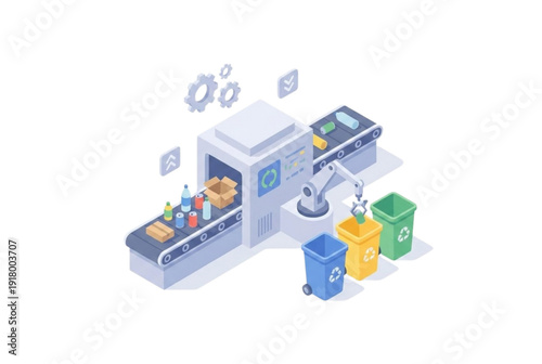 Recycling facility vector illustration, showing conveyor belt with recyclable materials and sorting bins.