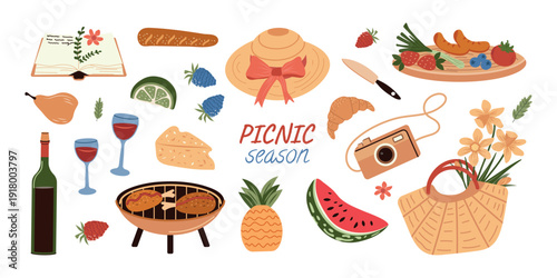 A hand-drawn picnic set on a white background in a modern, flat style. Vector illustration