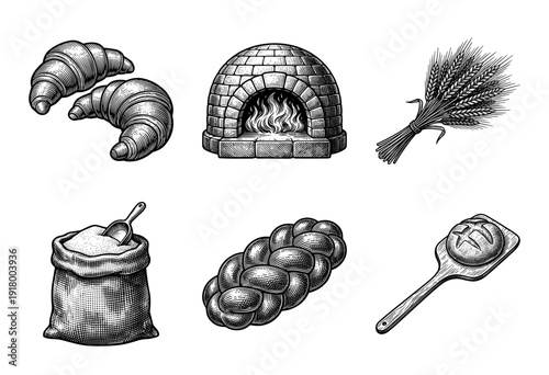 Vintage engraving style bakery set featuring croissants, brick oven, wheat stalks, flour sack, braided challah bread, and a wooden peel with loaf.