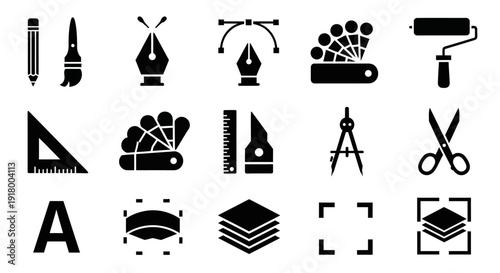 Creative and Design Tools Silhouette Icons Set – Solid Black Graphic Vector Collection