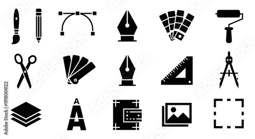 Creative and Design Tools Silhouette Icons Set – Solid Black Graphic Vector Collection