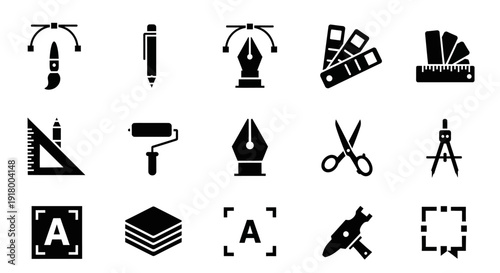 Creative and Design Tools Silhouette Icons Set – Solid Black Graphic Vector Collection