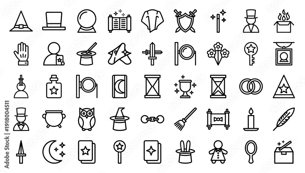 Fototapeta premium Magic and mystery line icon set featuring vector pictograms of wizard hats, crystal balls, spell books, wands, tarot cards, potions, and cauldrons in outline style.
