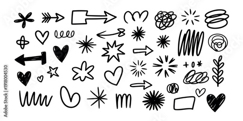 Black and white hand drawn doodle arrows hearts in white background