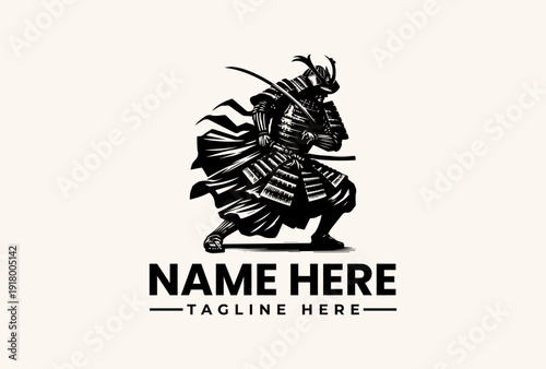 A black vector illustration of a samurai warrior with a sword and shield on a beige background, featuring a placeholder logo with 'NAME HERE' and 'TAGLINE HERE' text.